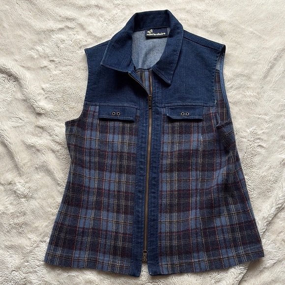 Marie Claire Denim & Plaid Zip-Up Vest β Size Small | Y2K Utility Style | - Picture 1 of 5